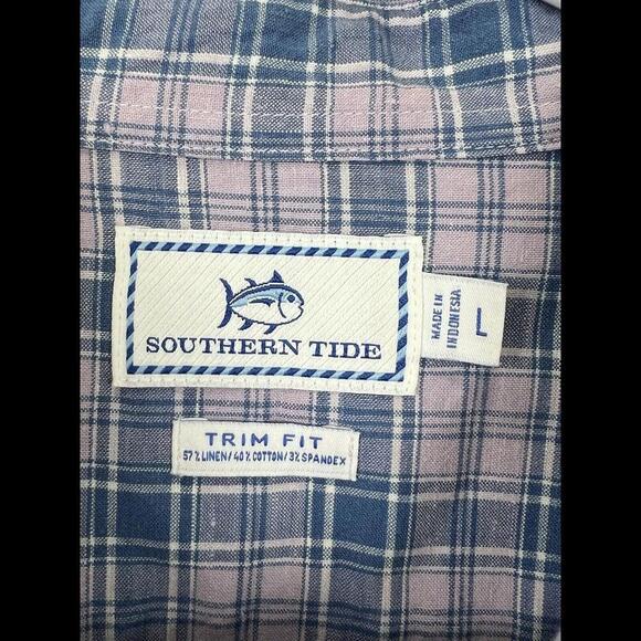 Southern Tide Shirt Mens Large Blue Pink Plaid Linen Blend Trim Fit‎ Button Up - Picture 3 of 4